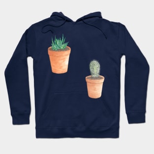 Cute Little Succulent Plant and Cactus in Terracotta Pots Hand Drawn in Watercolor and Ink Hoodie